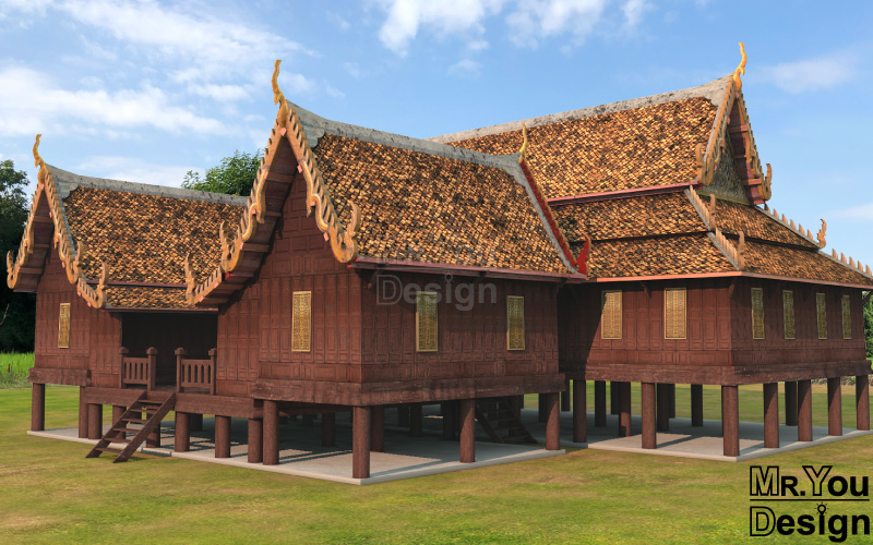 ศาลาการเปรียญ ศาลเรือนไทย โมเดล 3D กราฟิก 3มิติ