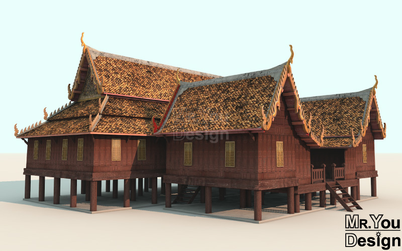 ศาลาการเปรียญ ศาลเรือนไทย โมเดล 3D กราฟิก 3มิติ