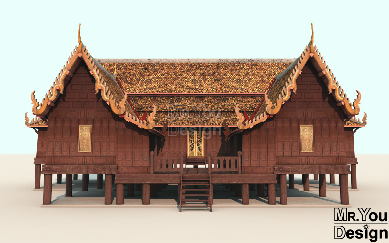 ศาลาการเปรียญ ศาลเรือนไทย โมเดล 3D กราฟิก 3มิติ