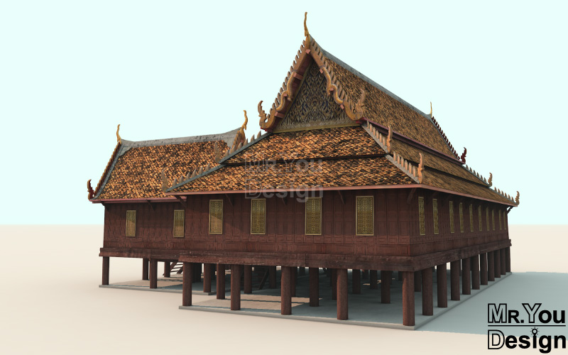 ศาลาการเปรียญ ศาลเรือนไทย โมเดล 3D กราฟิก 3มิติ